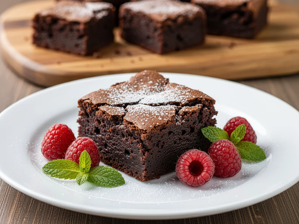 Kawałek wilgotnego brownie z cukrem pudrem, malinami i miętą na talerzu, w tle więcej kostek ciasta na desce