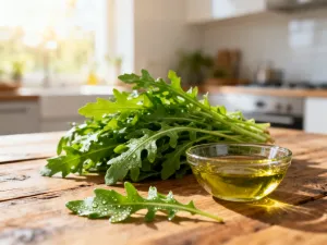 Świeży pęczek koperku z kroplami rosy na tle rustykalnej kuchni, podkreślający naturalność i jakość składnika.