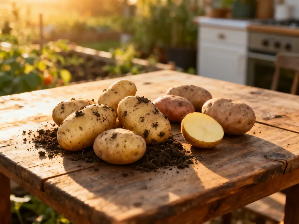 Świeże, organiczne ziemniaki z resztkami ziemi ułożone na rustykalnym drewnianym stole w ciepłym, porannym świetle.