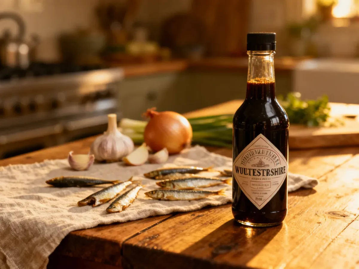 Szklana butelka sosu Worcestershire na drewnianym stole w otoczeniu czosnku, cebuli i anchois.