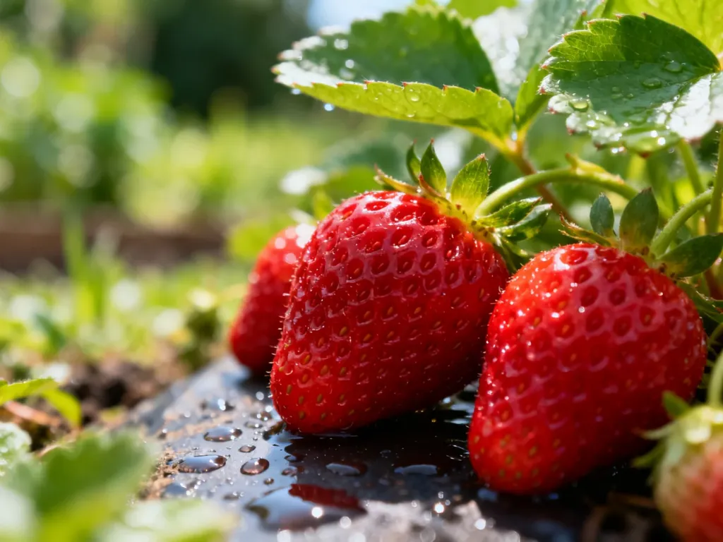 Zbliżenie na świeże, soczyste truskawki z kroplami rosy, podkreślające ich naturalną świeżość i apetyczny wygląd.