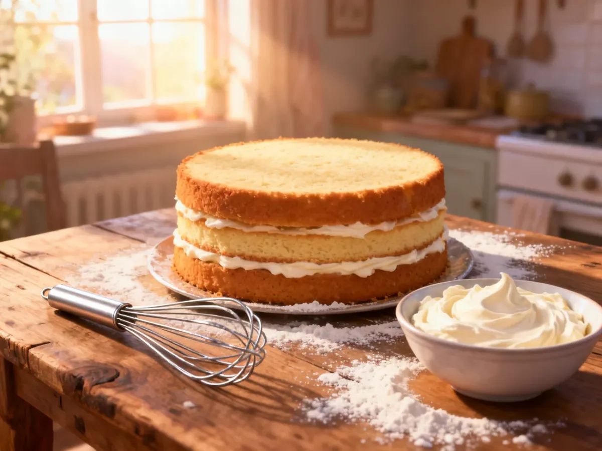 Wielowarstwowy tort biszkoptowy na drewnianym stole w otoczeniu akcesoriów kuchennych i składników do pieczenia.
