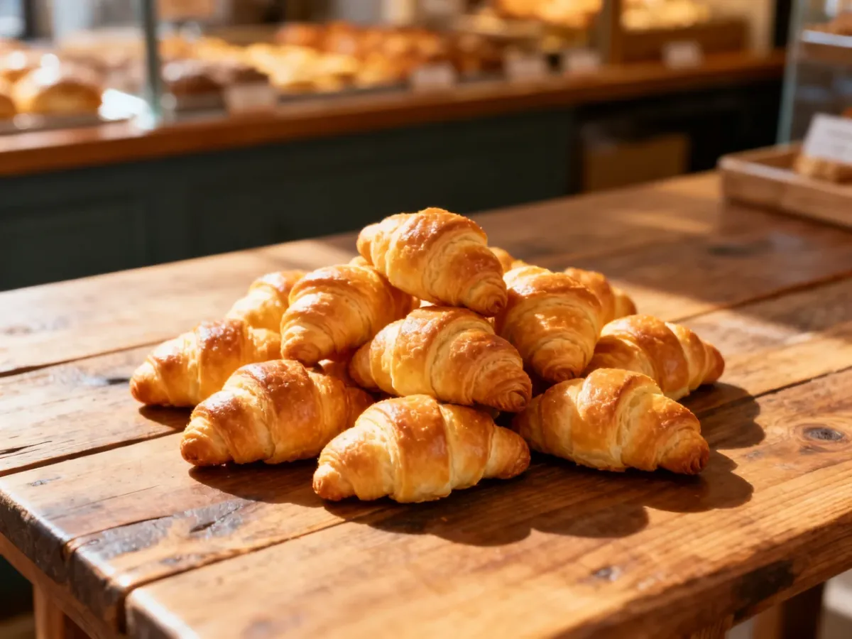 Stos świeżo upieczonych, złotych mini croissantów na rustykalnym drewnianym stole w przytulnej piekarni.