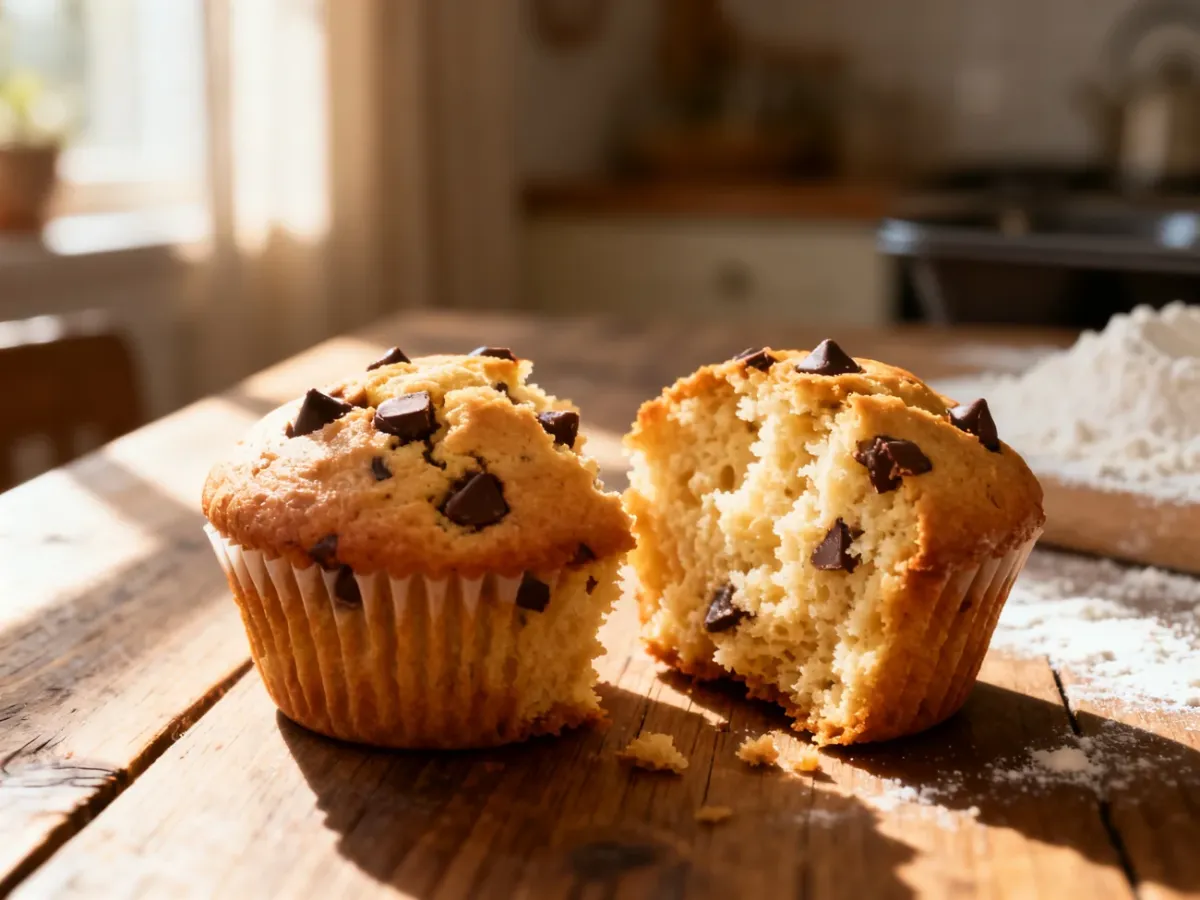 Dwie świeżo upieczone muffinki z kawałkami czekolady na rustykalnym stole w słonecznej kuchni.