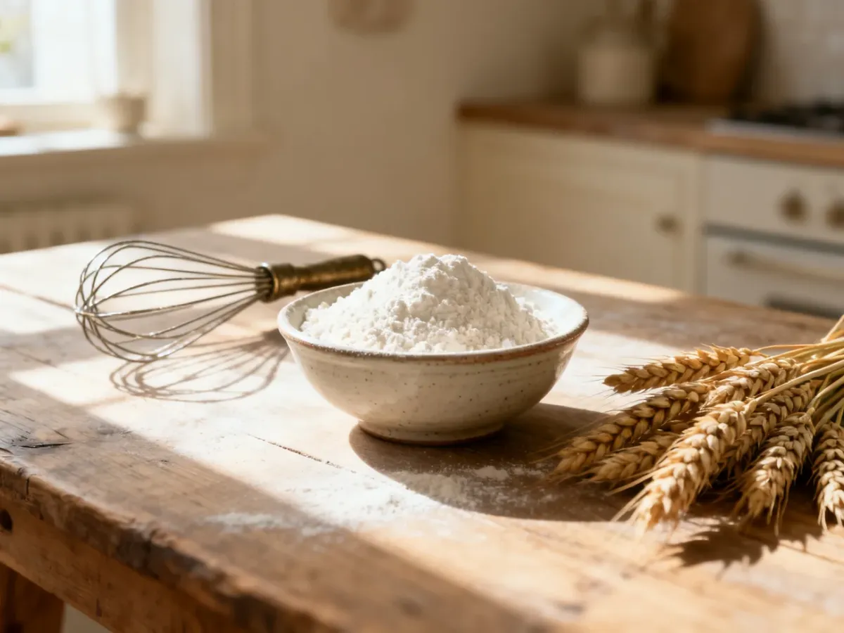Mąka w ceramicznej misce na drewnianym stole w otoczeniu kłosów pszenicy i trzepaczki, podkreślająca naturalne składniki wypieków.