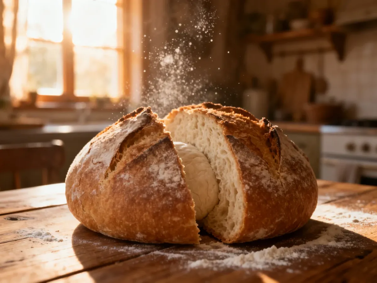 Przekrojony bochenek chleba z surowym, niedopieczonym środkiem leżący na drewnianym stole w kuchni.