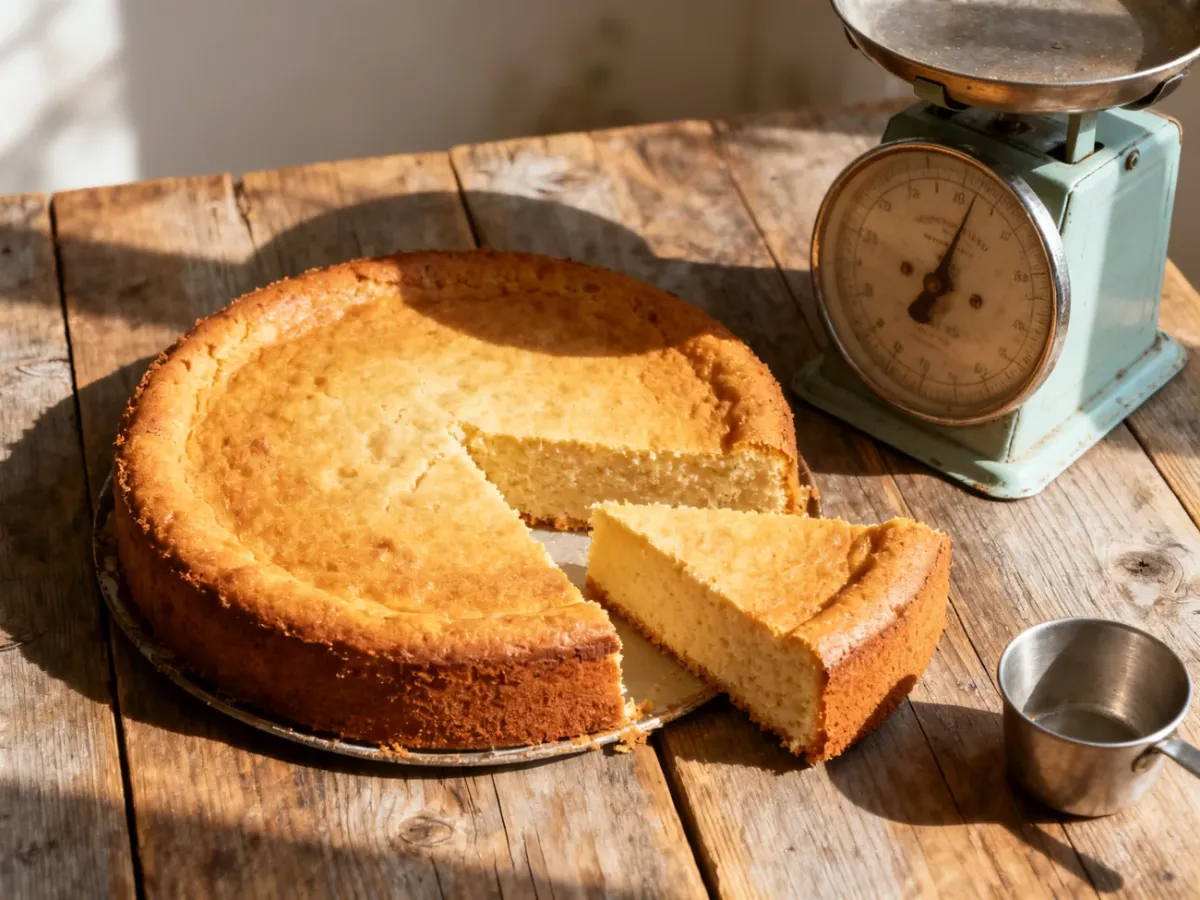 Okrągłe ciasto na drewnianym stole z wydzieloną jedną trzecią porcją oraz wagą kuchenną obok.