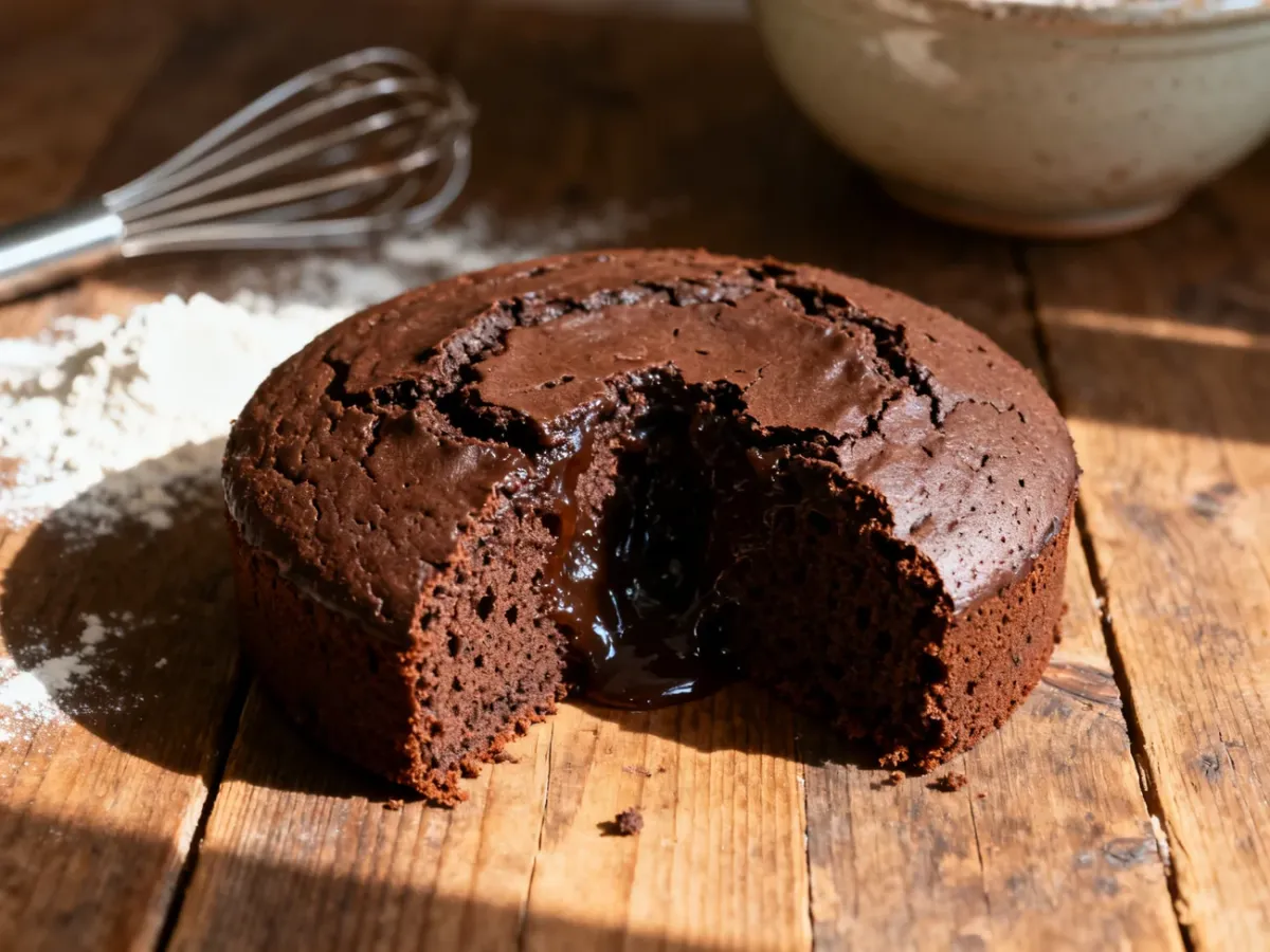 Kawałek czekoladowego ciasta z widocznym zakalcem w środku, leżący na drewnianym stole w otoczeniu akcesoriów kuchennych.