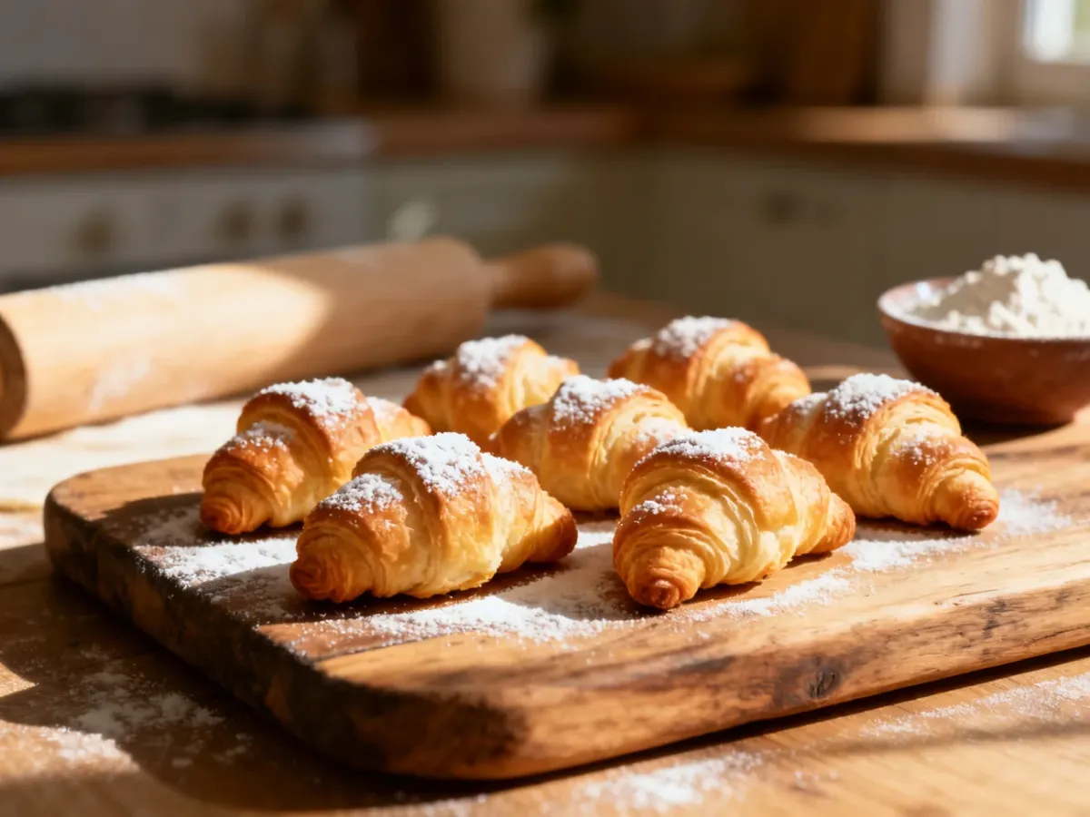 Złociste mini croissanty posypane cukrem pudrem na drewnianej desce w przytulnej kuchni.
