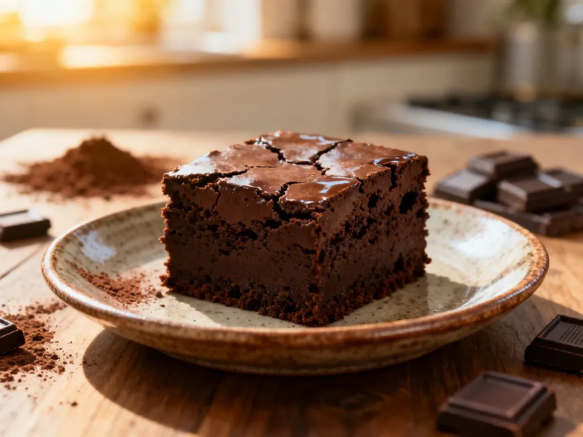 Kawałek wilgotnego, czekoladowego brownie na rustykalnym talerzu, obok rozsypane kakao i kawałki gorzkiej czekolady.