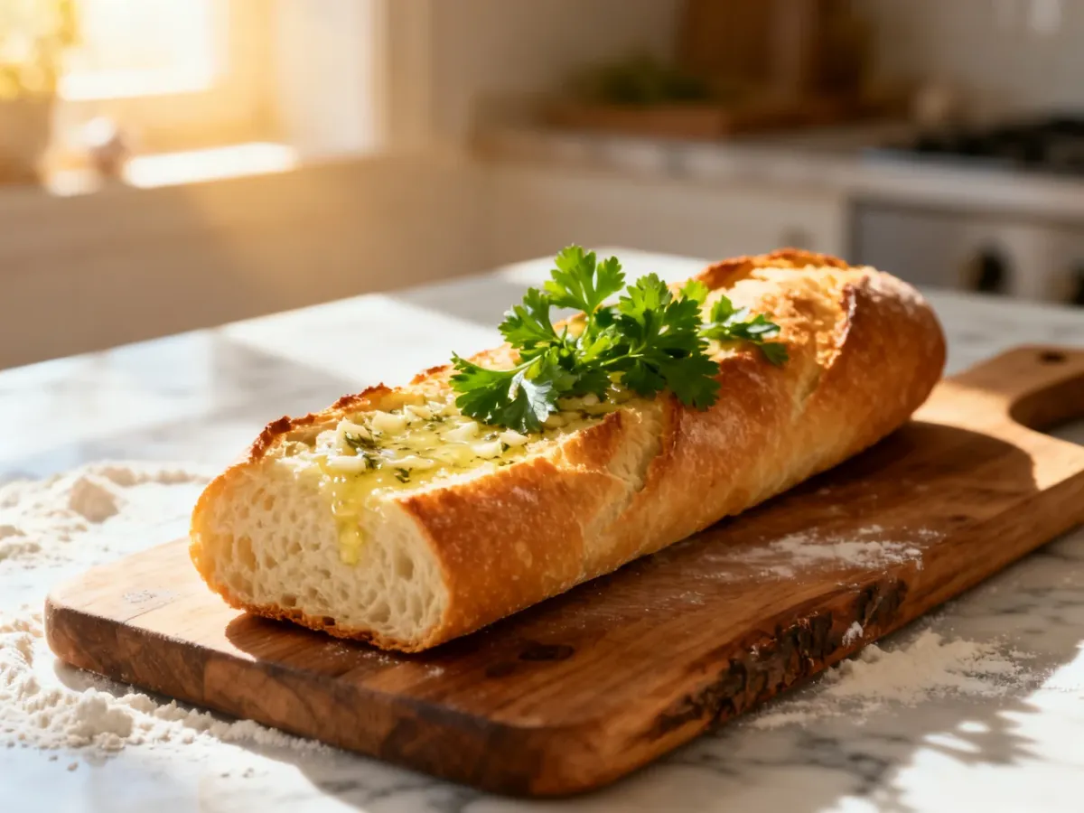 Świeżo upieczona, chrupiąca bagietka czosnkowa z masłem i natką pietruszki na drewnianej desce w słonecznej kuchni.